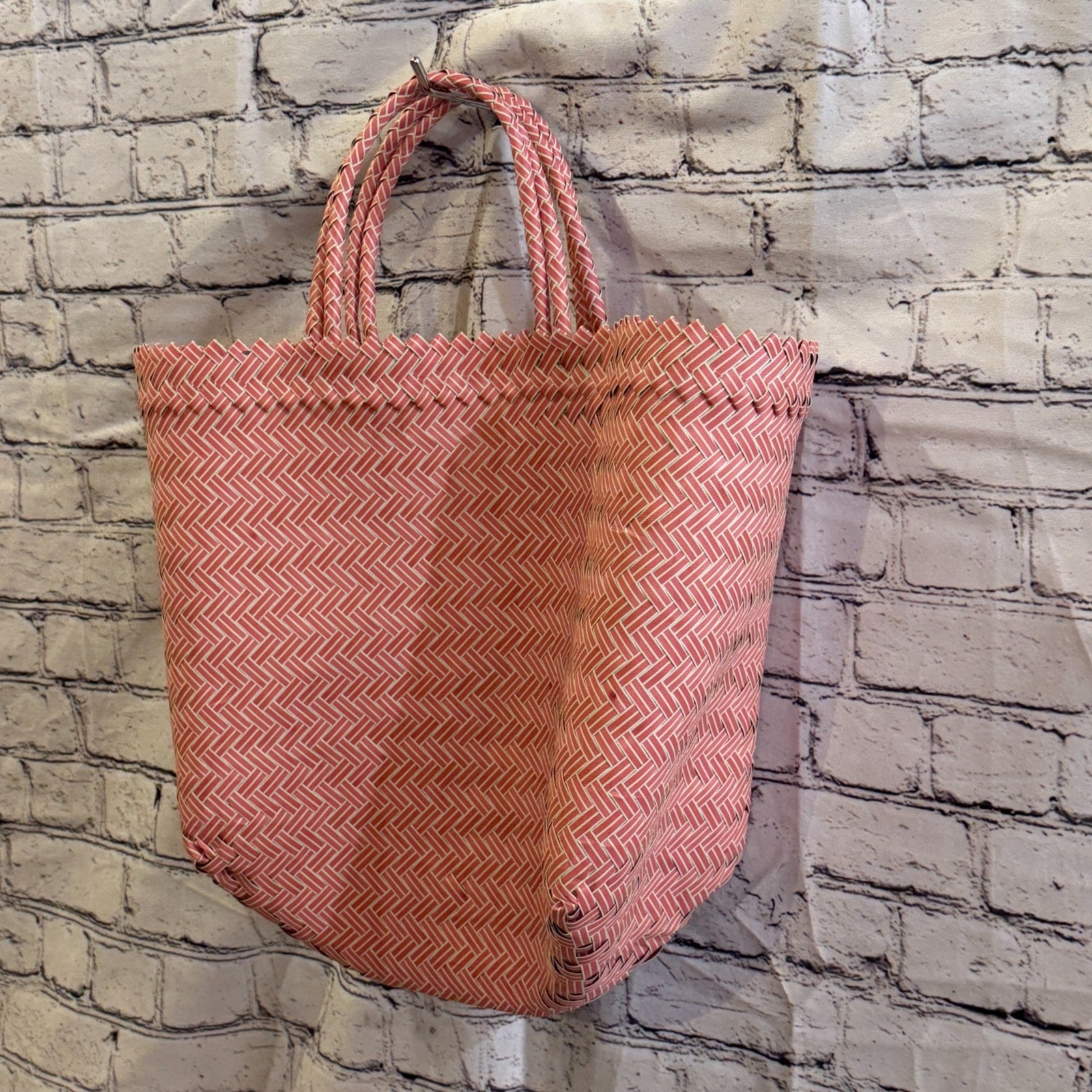 Pink 40cm Handwoven Tote Bag Recycled Plastic Eco-Friendly Market Beach1
