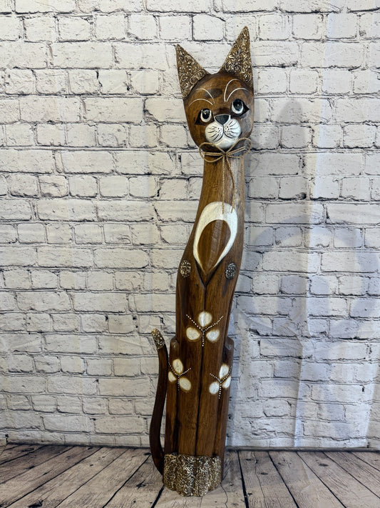 100cm Brown Silver Dots Wooden Shabby Cat Statue Ornament Fair Trade Handcarved0