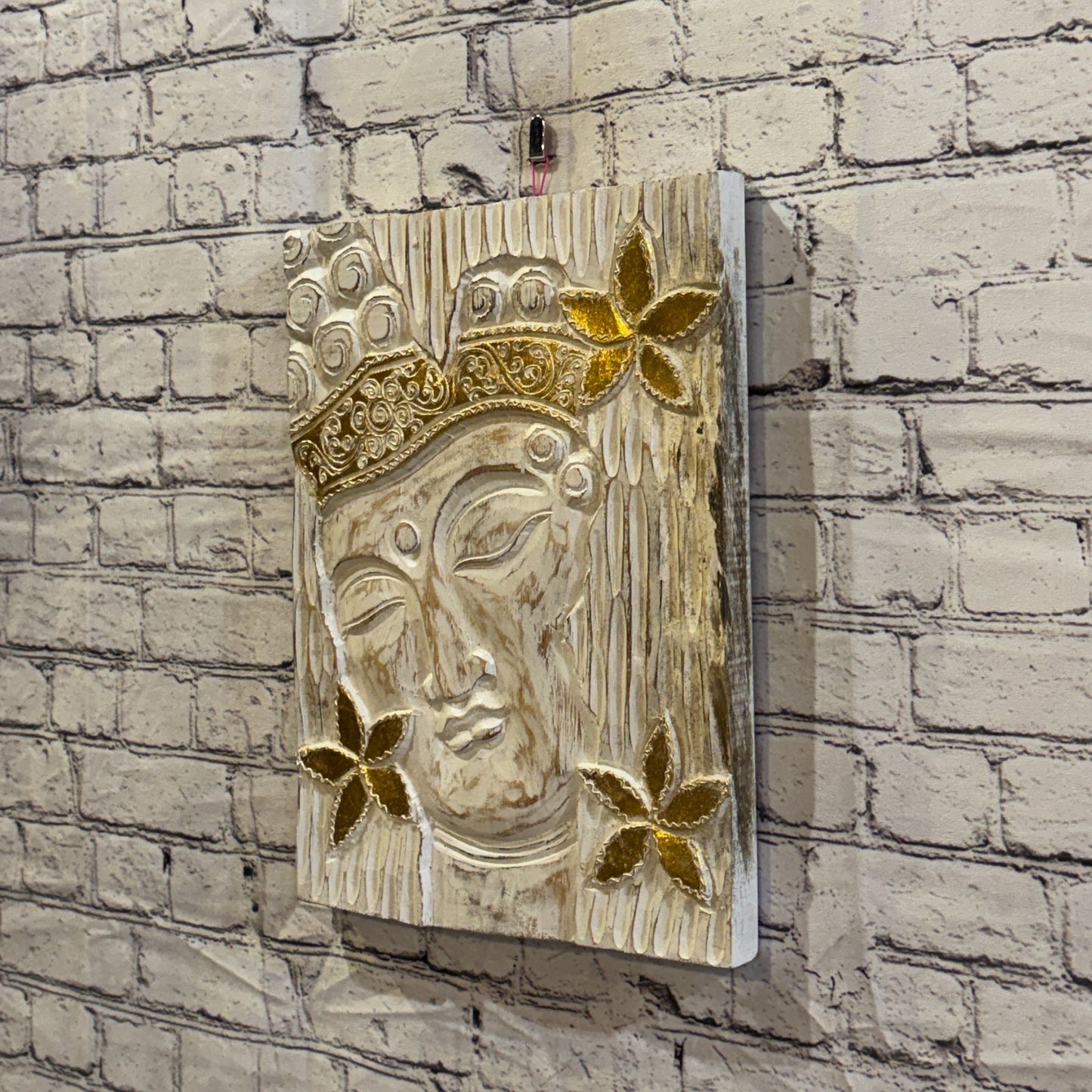 Wooden Wood Panel 40cm Gold Cream Buddha Flower Wall Art Plaque Handcarved1