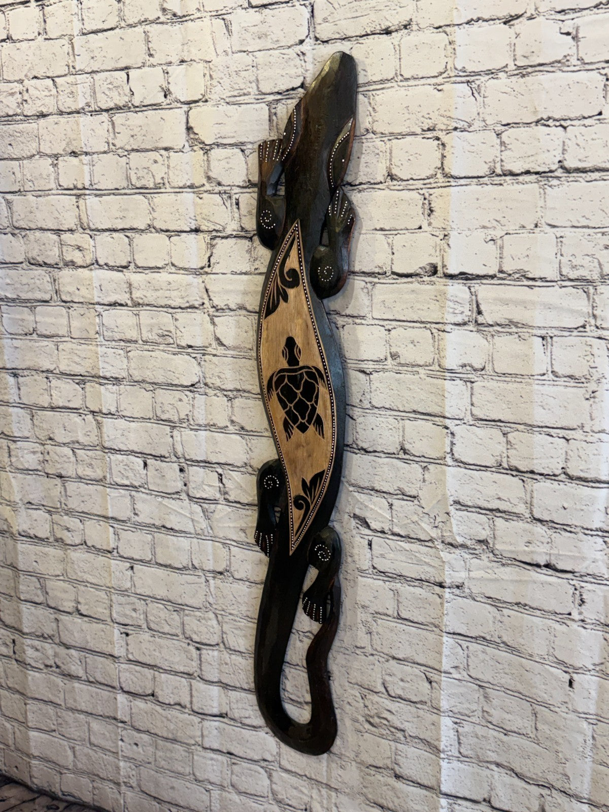 100cm Turtle GeckoCarved Wooden Brown Work Painted Ethnic Tribal Tiki Wall Art1