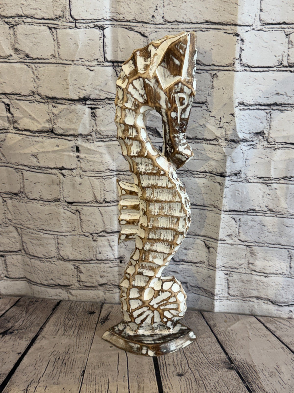 50cm Brown Wooden Shabby Seahorse Statue Ornament Fair Trade Handcarved3