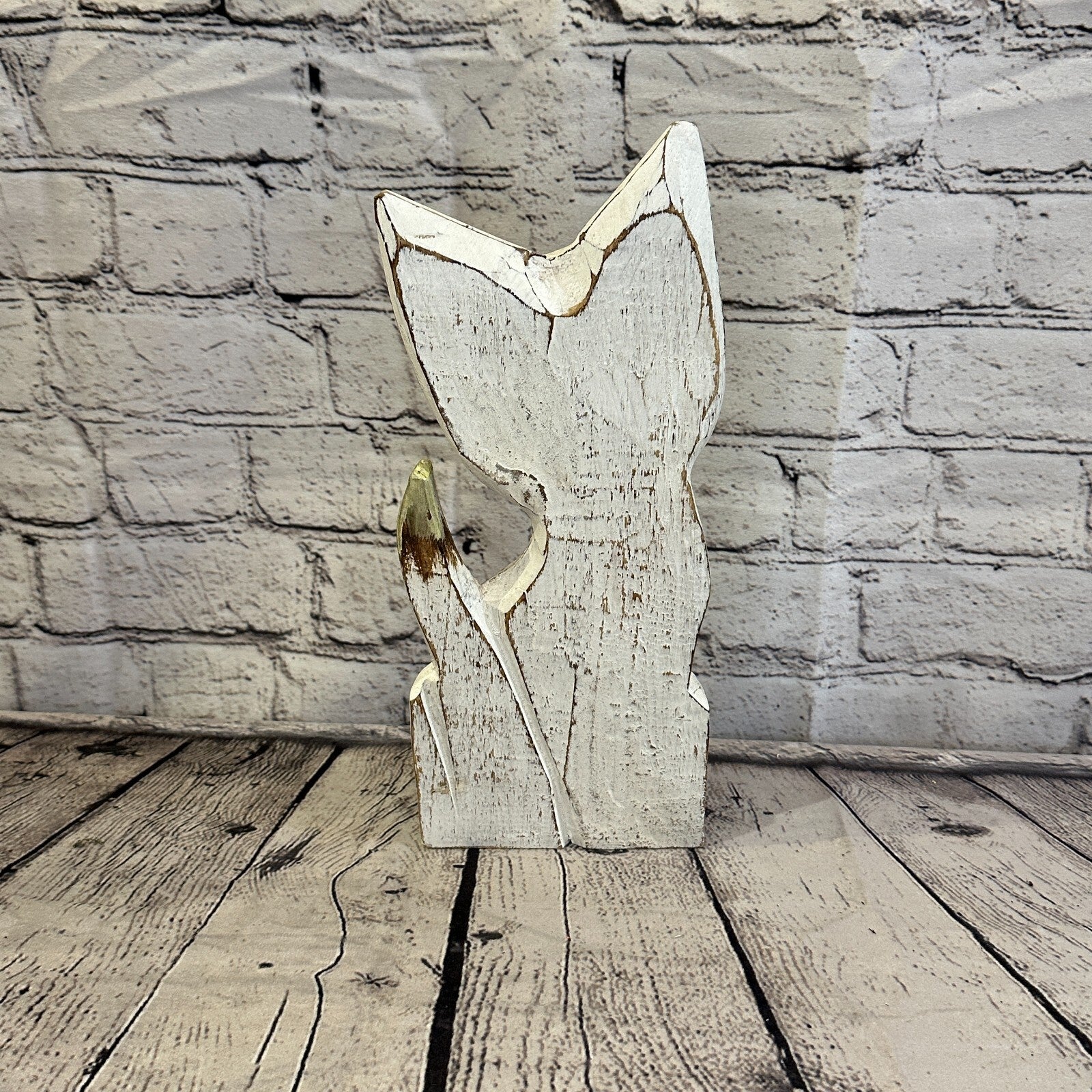 30cm x 12cm White Flower Wooden Shabby Cat Statue Ornament Fair Trade Handcarved5