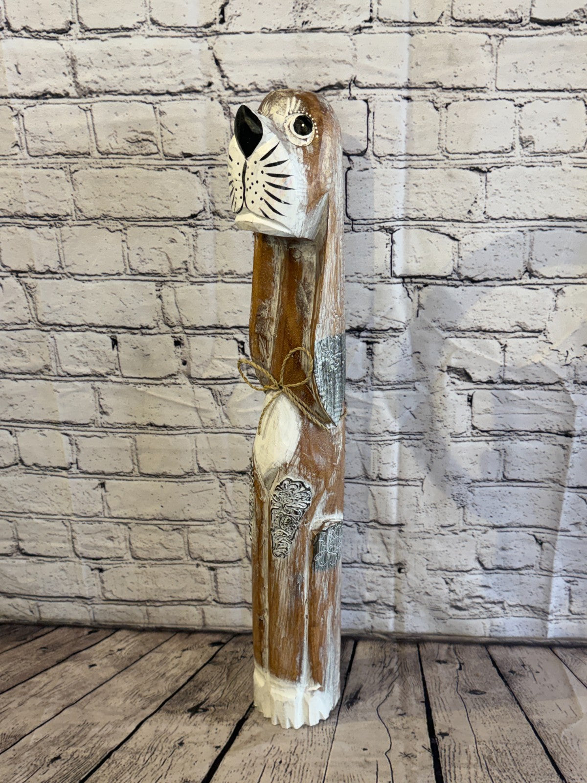 60cm Light Brown Wooden Shabby Dog Statue Ornament Fair Trade Handcarved0