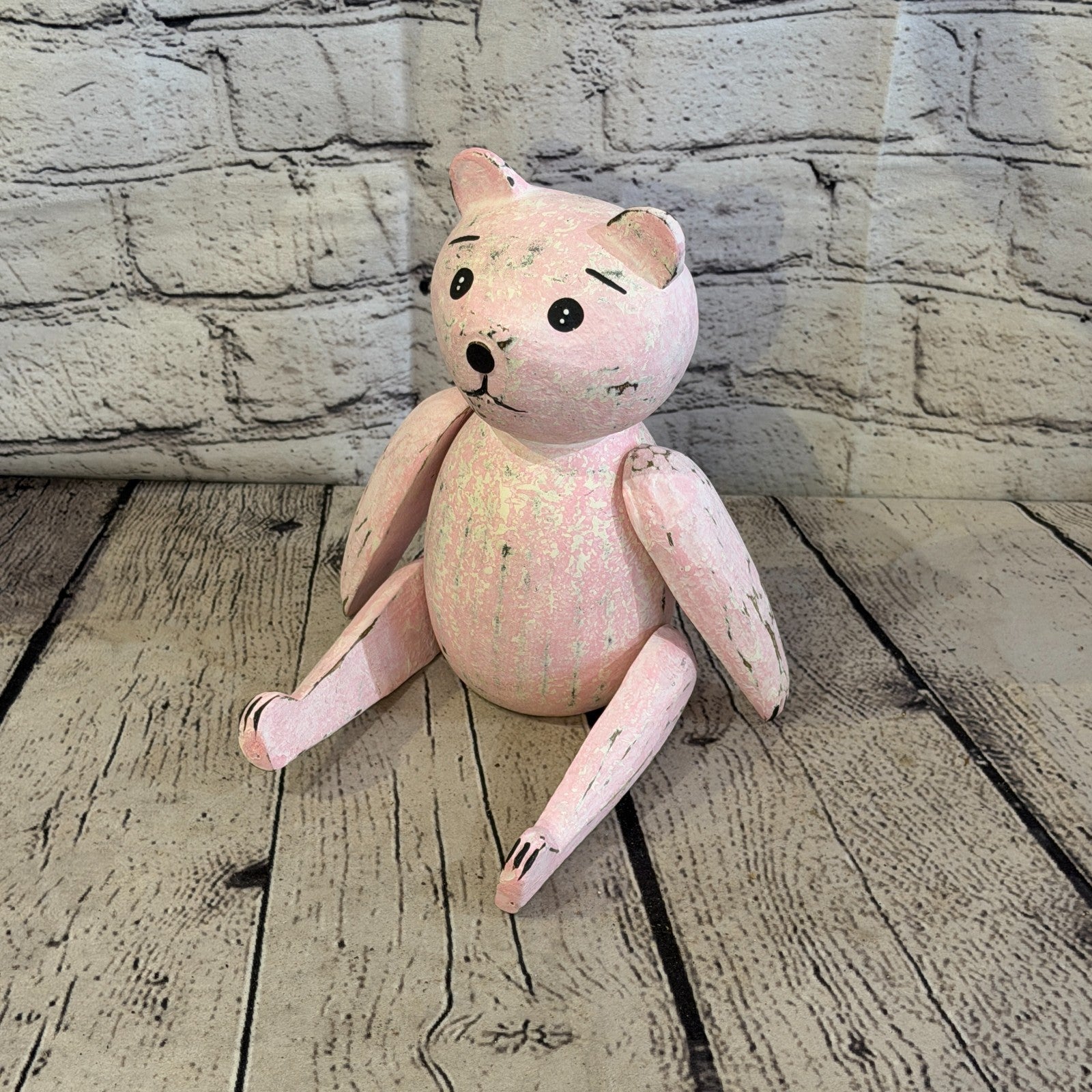 20cm Pink Teddy Bear Sitting Animal, Wooden Shelf Ornament Handmade & Fairtrade0