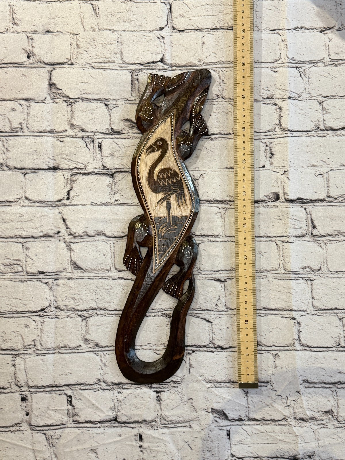 50cm Flamingo Gecko Carved Wooden Brown Work Painted Ethnic Tribal Tiki Wall Art4