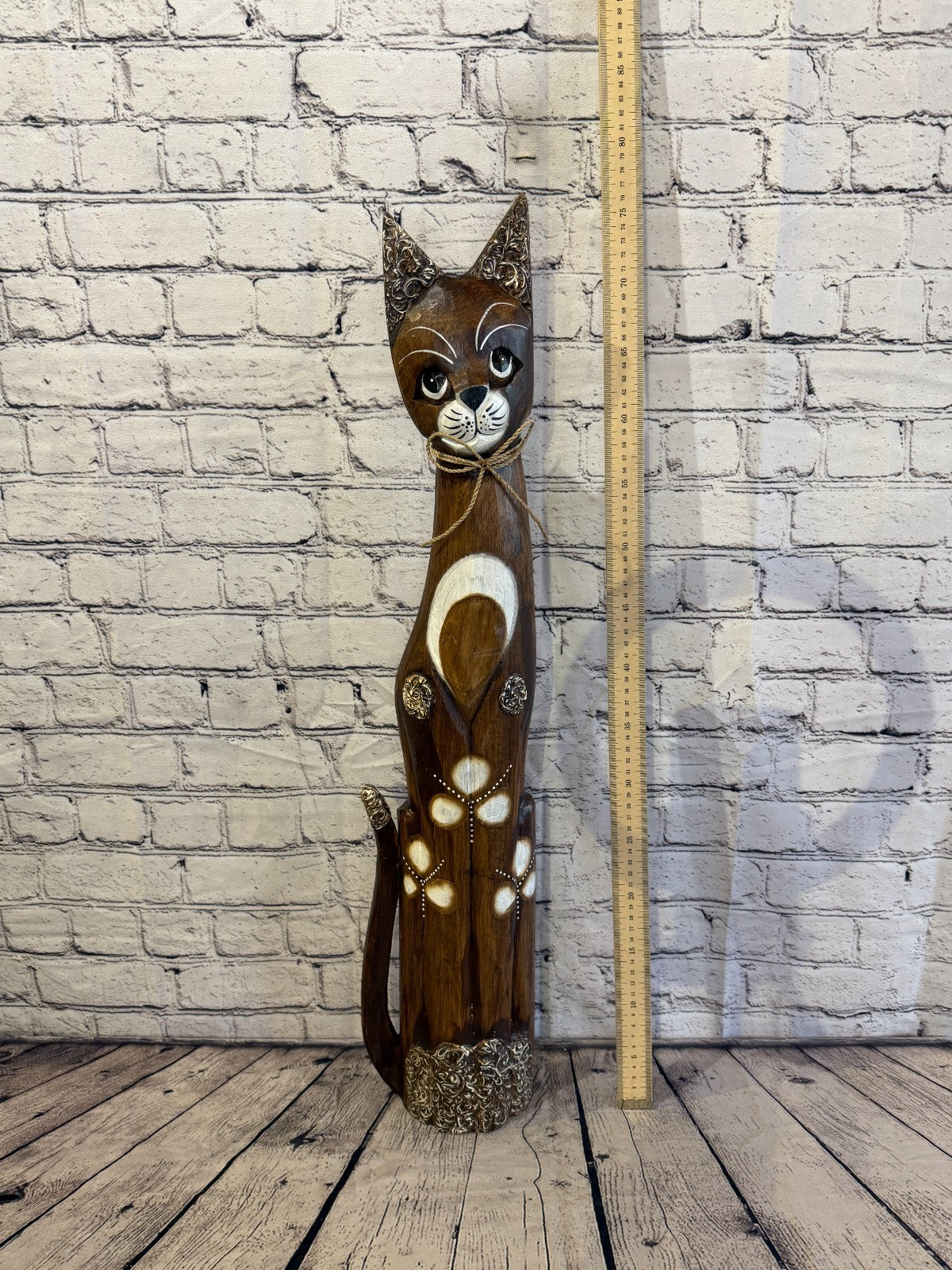 80cm Brown Silver Dots Wooden Shabby Cat Statue Ornament Fair Trade Handcarved5
