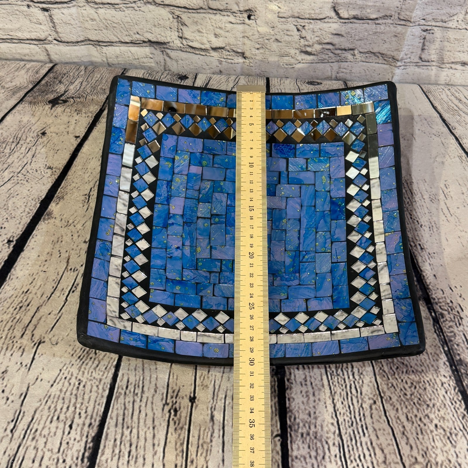 30cm Light Blue Square Mirror Mosaic Handmade Ceramic Glass Tile Bowl Fruit2