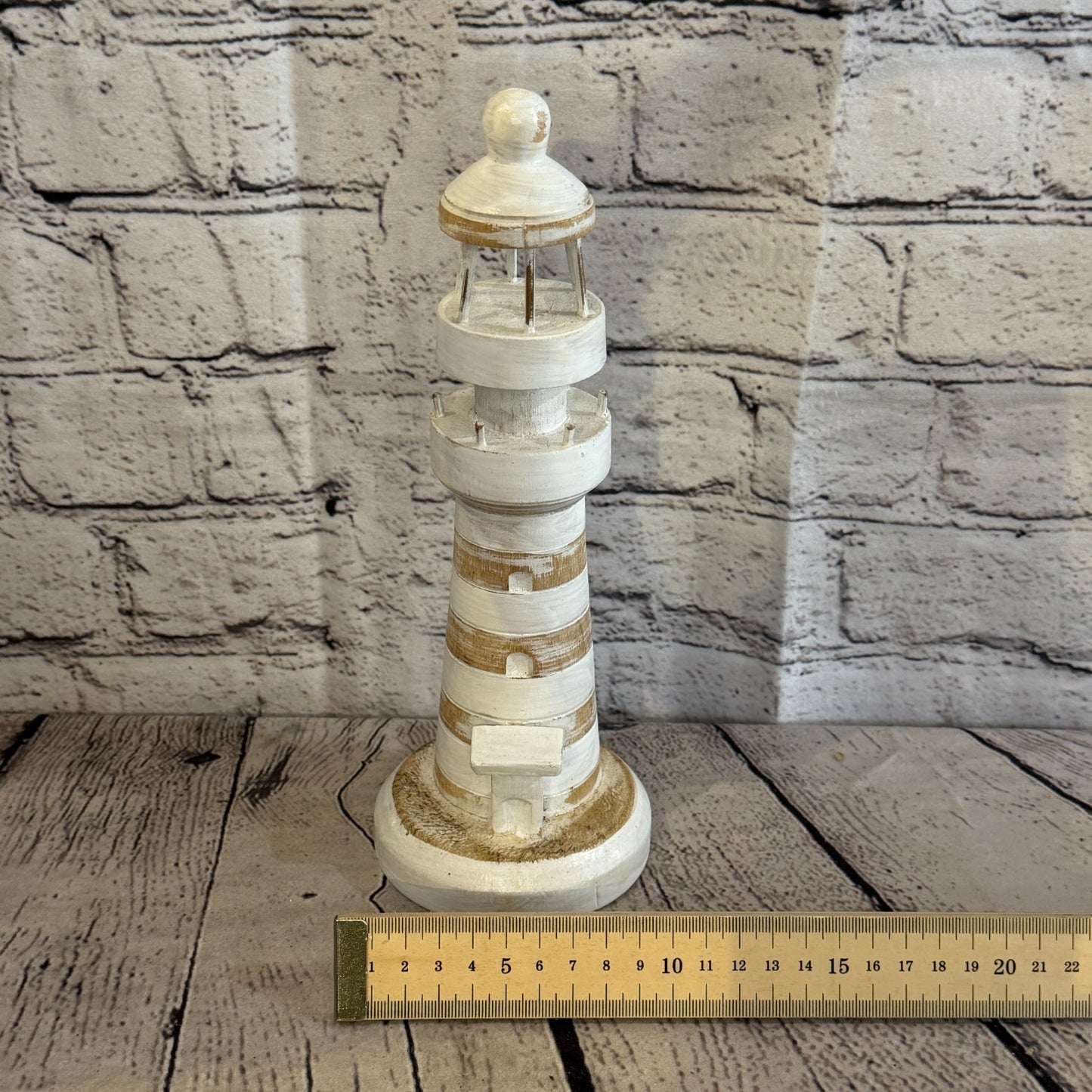 25cm Cream White Wooden Lighthouse Detailed Ornament Nautical Coastal Sculpture4