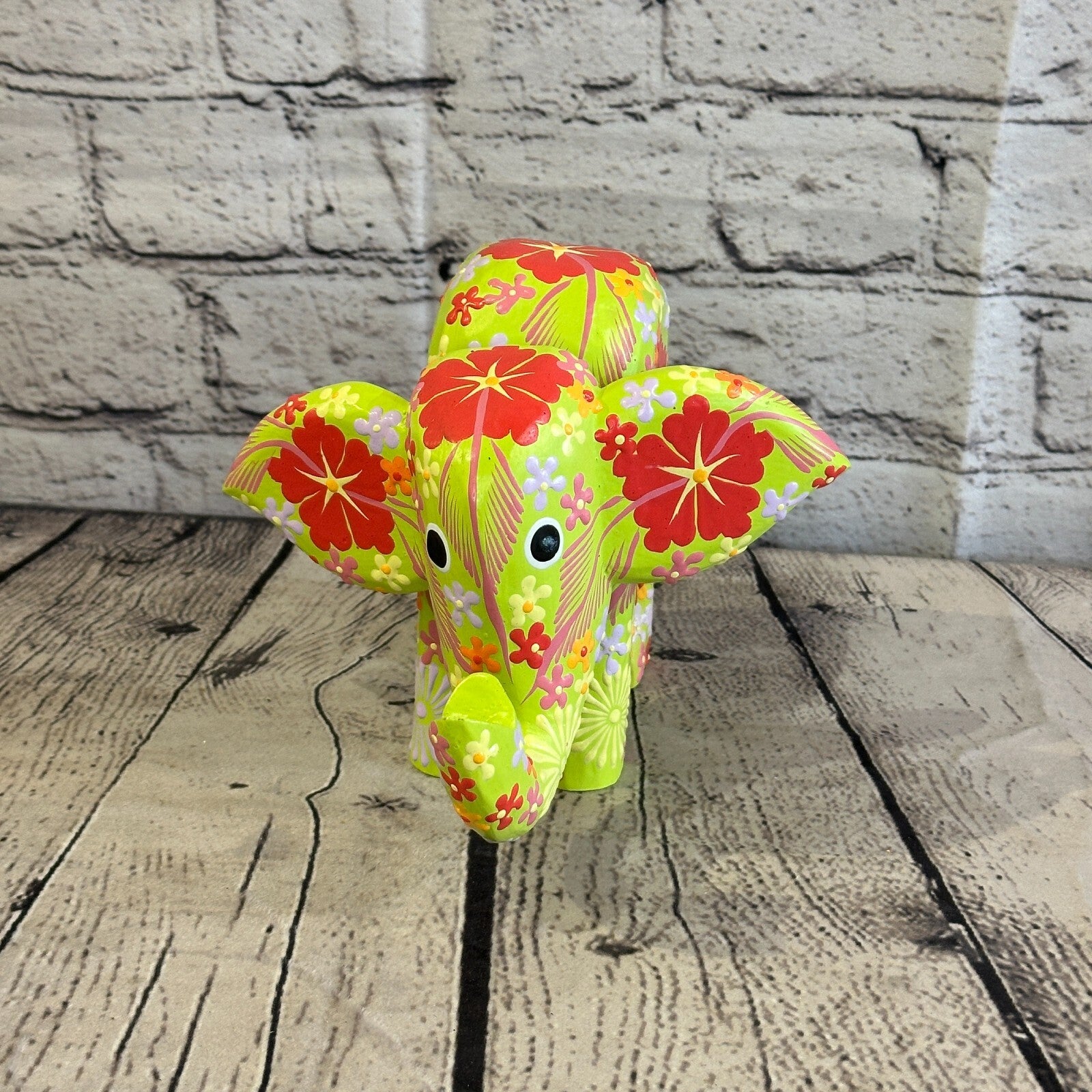 Green Wooden Elephant With Flower Pattern 15cm x 18cm Handmade and Fairtrade1