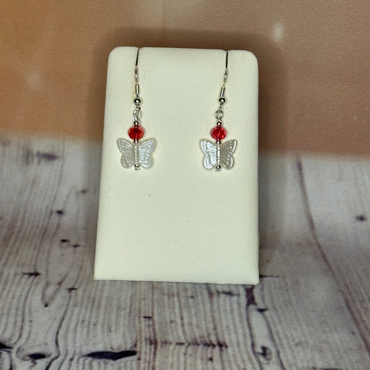Red Crystal And White Butterfly Dangle Drop Earrings Handmade UK Jewellery0
