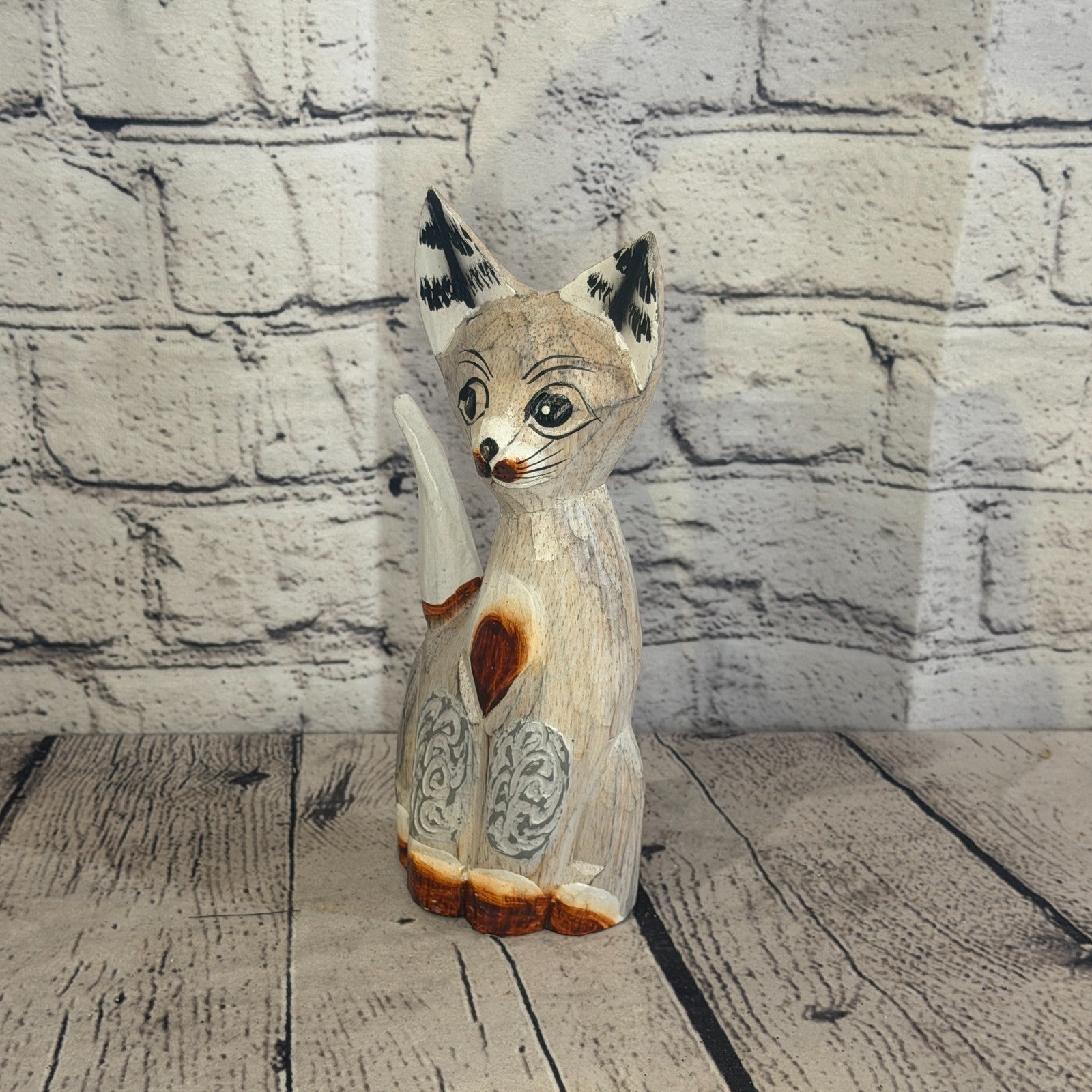 20cm White Dots Wooden Shabby Cat Statue Ornament Fair Trade Handcarved1
