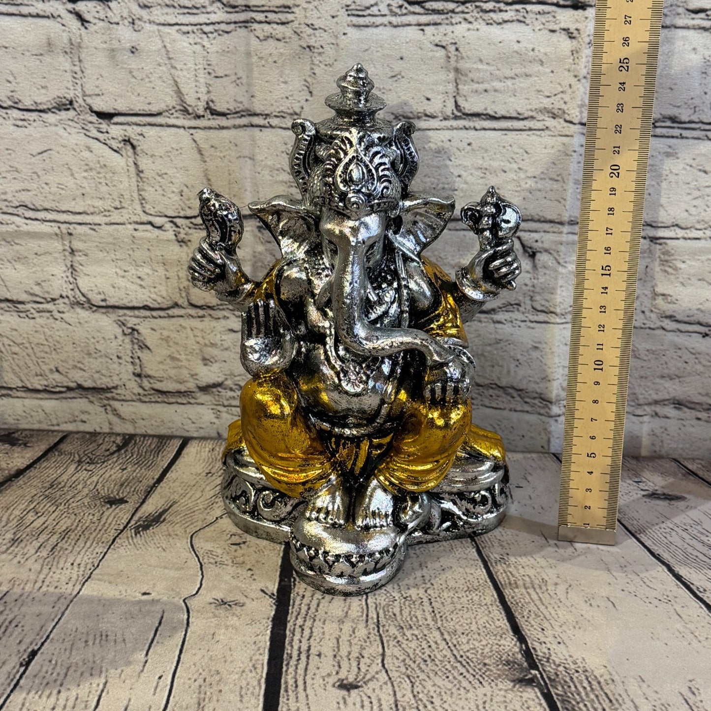 Silver And Gold 25cm Large Ganesh Ganesa Sitting On Lotus Statue Resin Hindu5