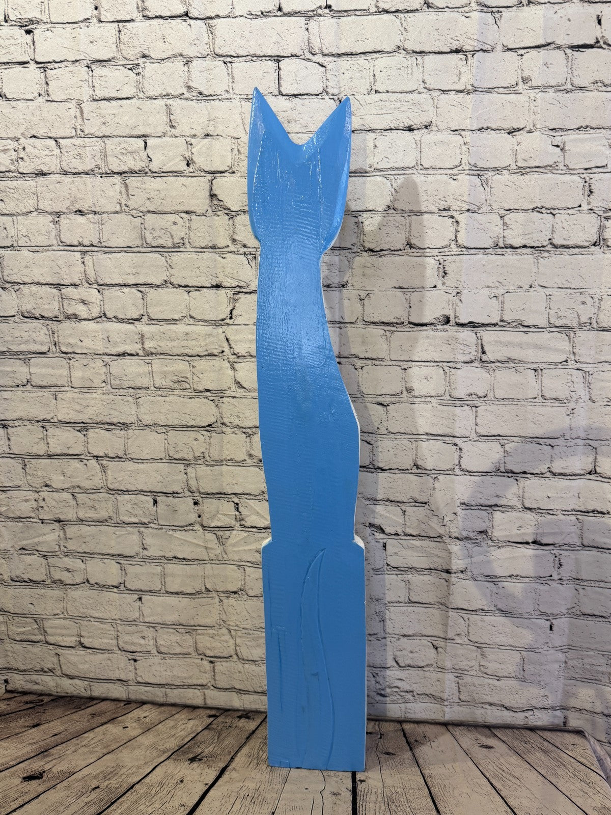 100cm Blue White Flower Wooden Shabby Cat Statue Ornament Fair Trade Handcarved4