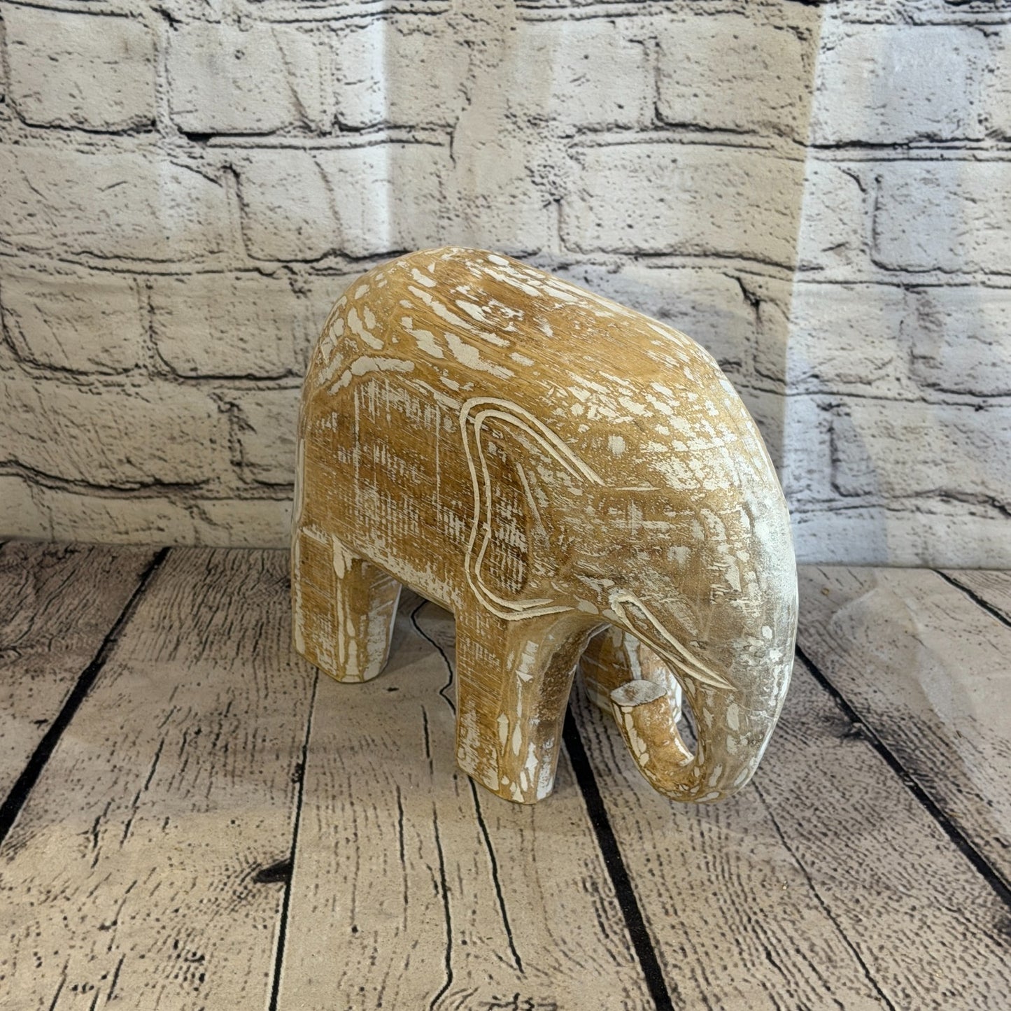 20cm x 25cm White Wood Wooden Standing Elephant Hand Carved Painted Statue2