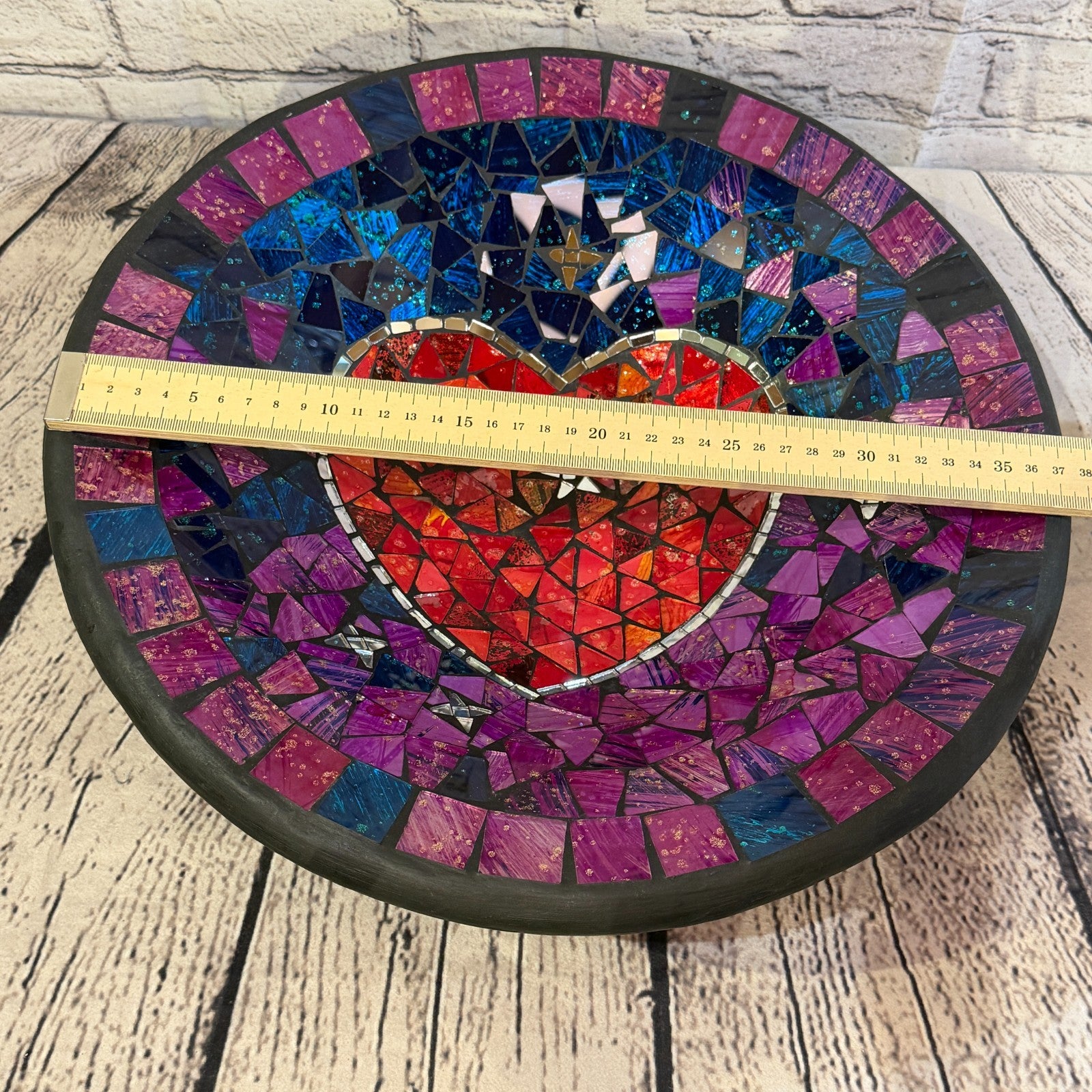 35cm Purple Red Heart Round Mosaic Handmade Ceramic Glass Tile Bowl Fruit1