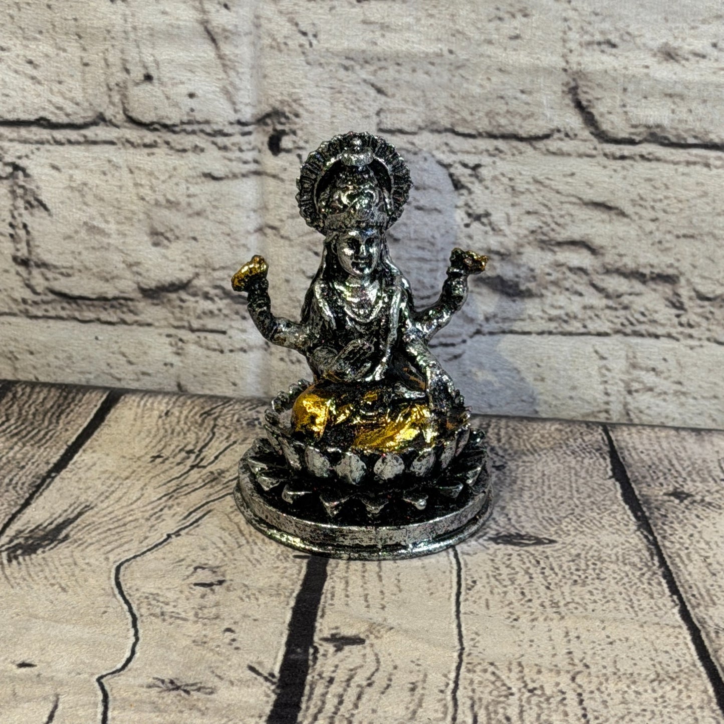 Silver And Gold 12cm x 8cm Small Lakshmi Sitting Lotus Statue Resin Hindu God1