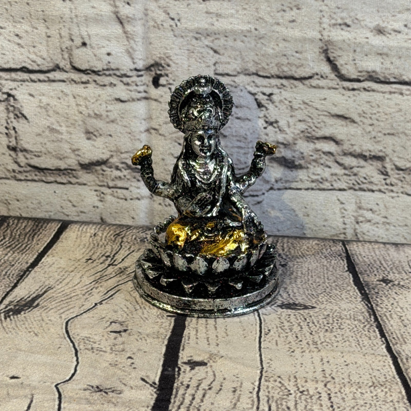 Silver And Gold 12cm x 8cm Small Lakshmi Sitting Lotus Statue Resin Hindu God1