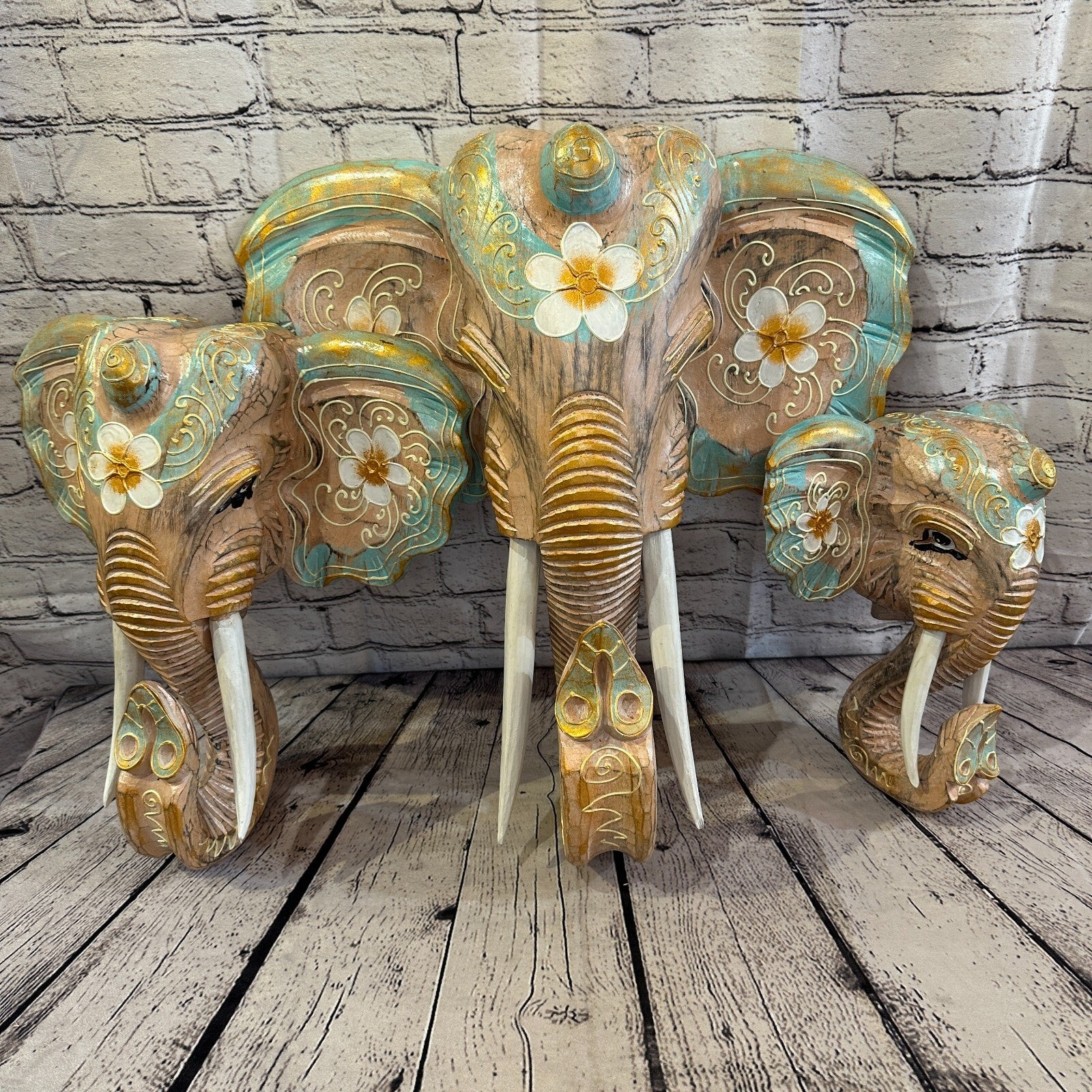 30cm x 30cm Green Flower Painted Wood Elephant Head Wall Mounted Art Shabby6