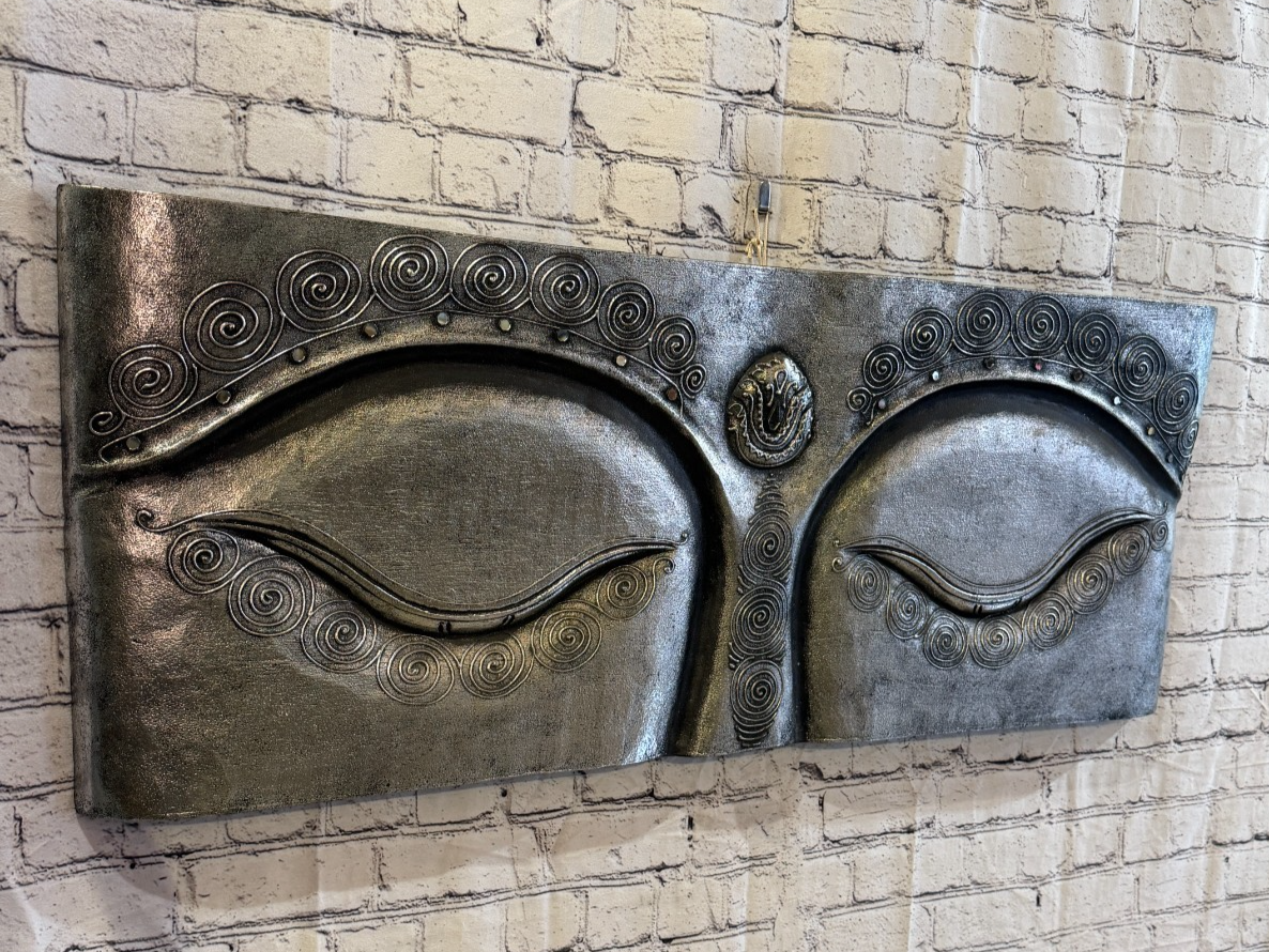 100cm x 40cm Silver Buddha Eyes Wall Art Plaque Handcarved Wooden Wood Panel1