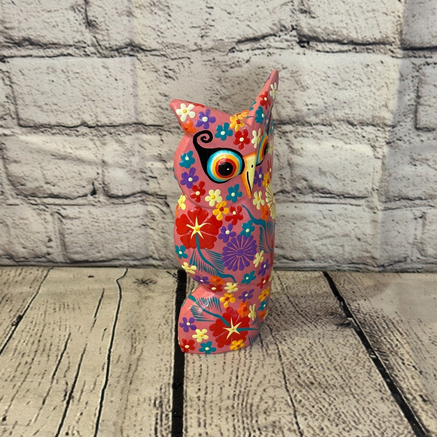 Pink Medium Wooden Owl With Flower Pattern 15cm x 8cm Handmade and Fairtrade2