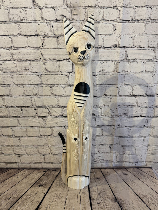 80cm White Flower Wooden Shabby Cat Statue Ornament Fair Trade Handcarved0