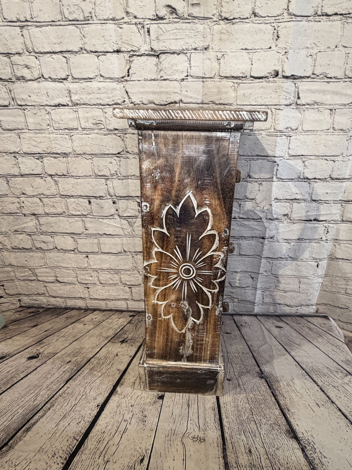 60cm x 25cm Brown 3 Draw Pillar Wooden Side Cabinet Living Storage Furniture3
