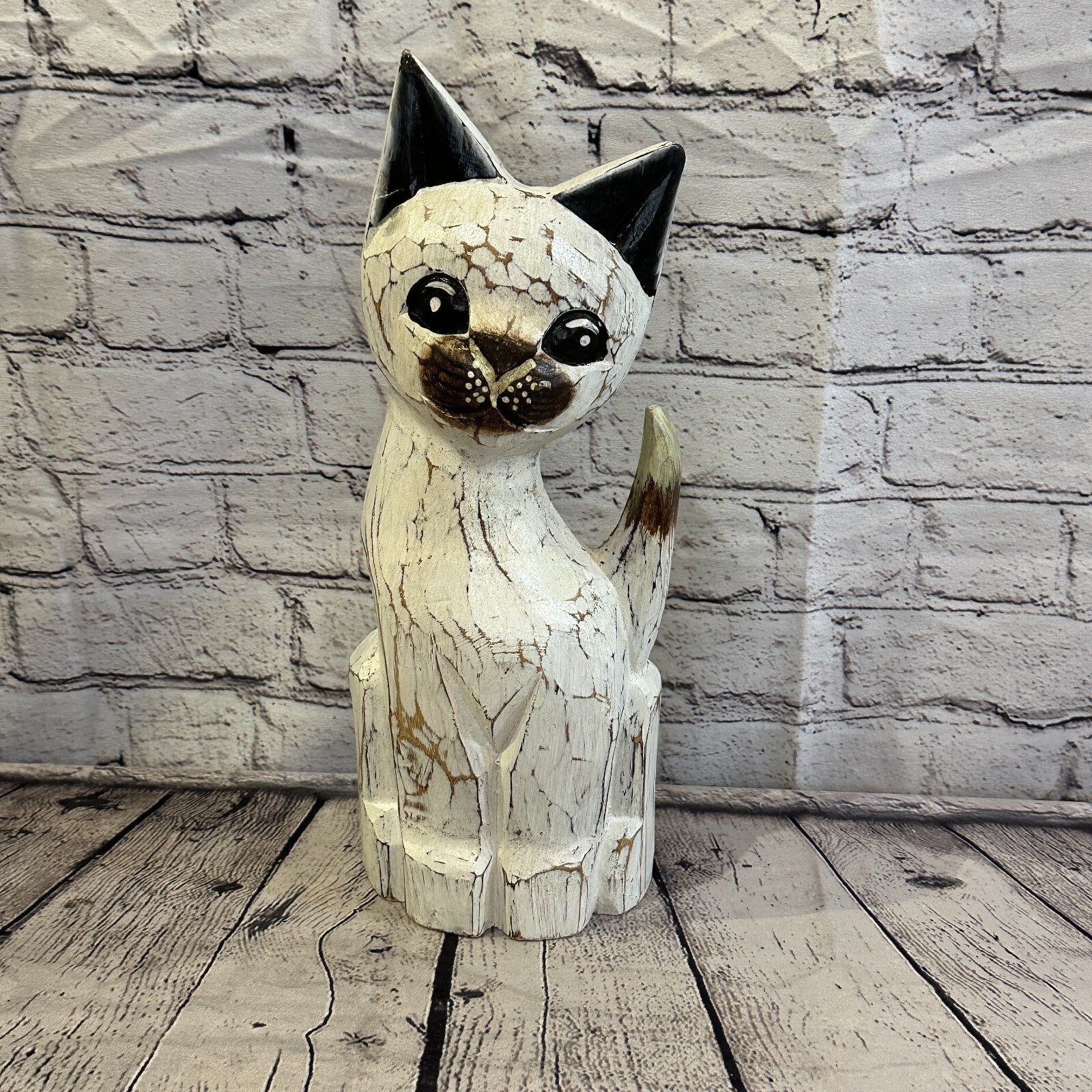 35cm x 15cm White Flower Wooden Shabby Cat Statue Ornament Fair Trade Handcarved0