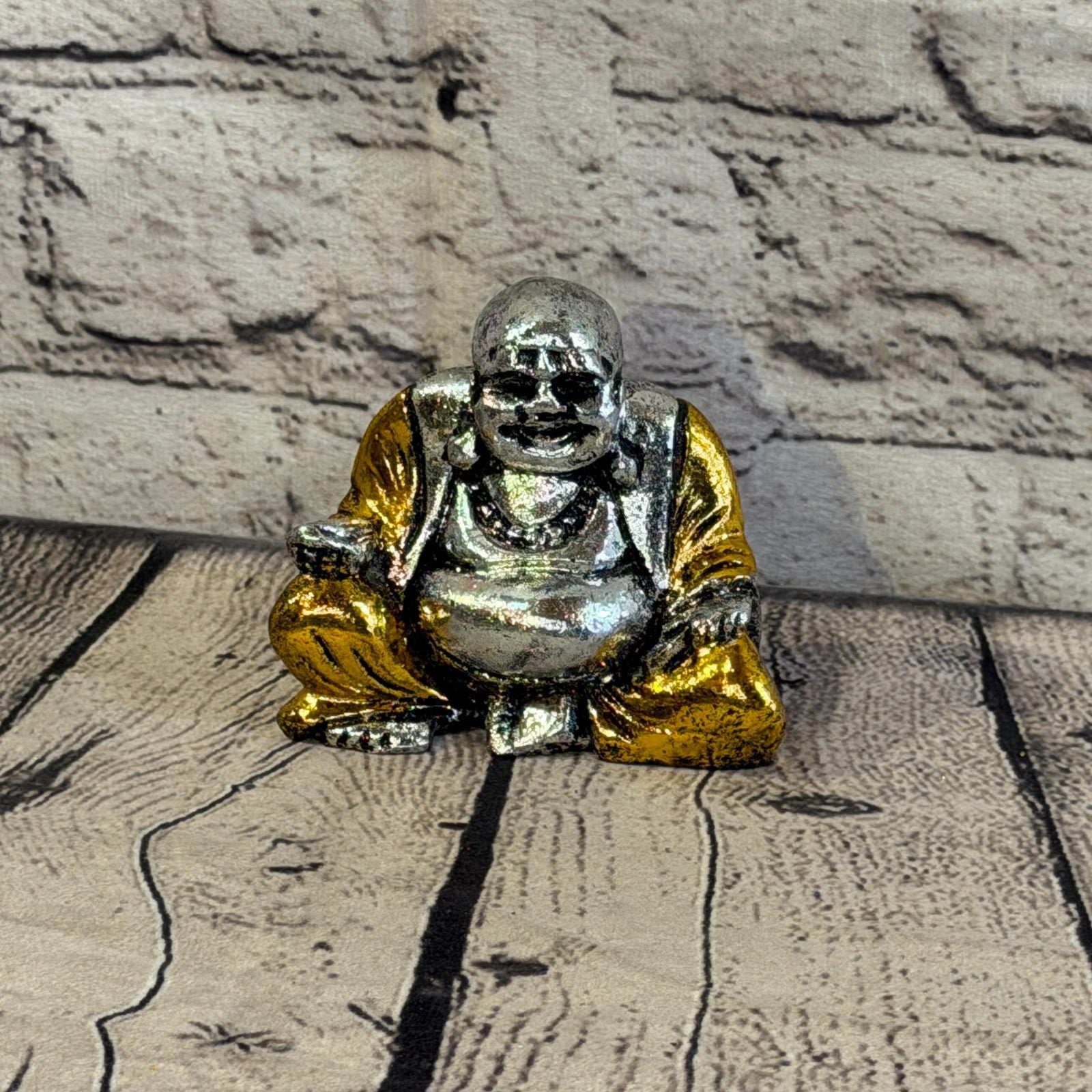 Silver And Gold 10cm x 10cm Small Chinese Buddha Sitting On Lotus Statue Resin1