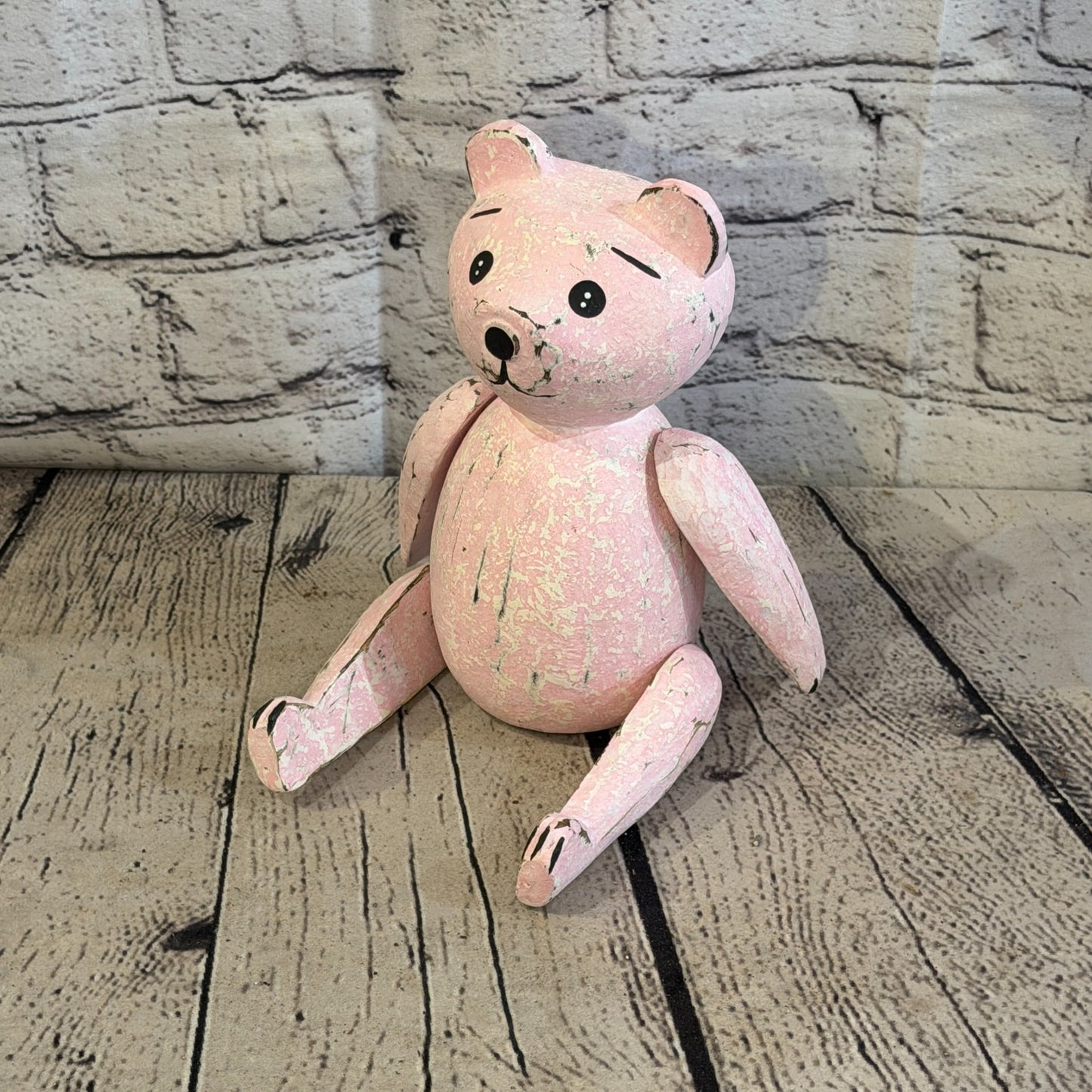 18cm Pink Teddy Bear Sitting Animal, Wooden Shelf Ornament Handmade & Fairtrade0