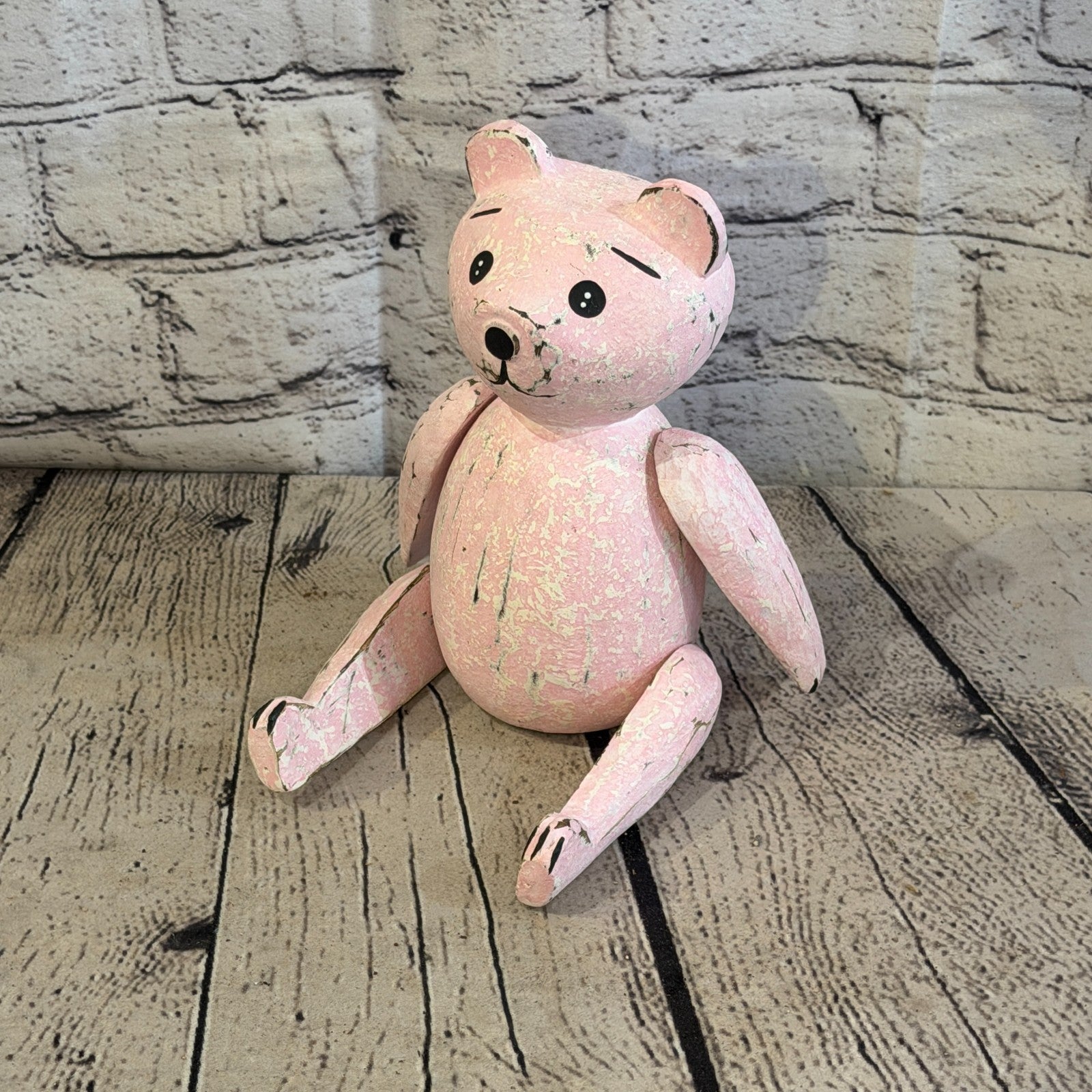18cm Pink Teddy Bear Sitting Animal, Wooden Shelf Ornament Handmade & Fairtrade0