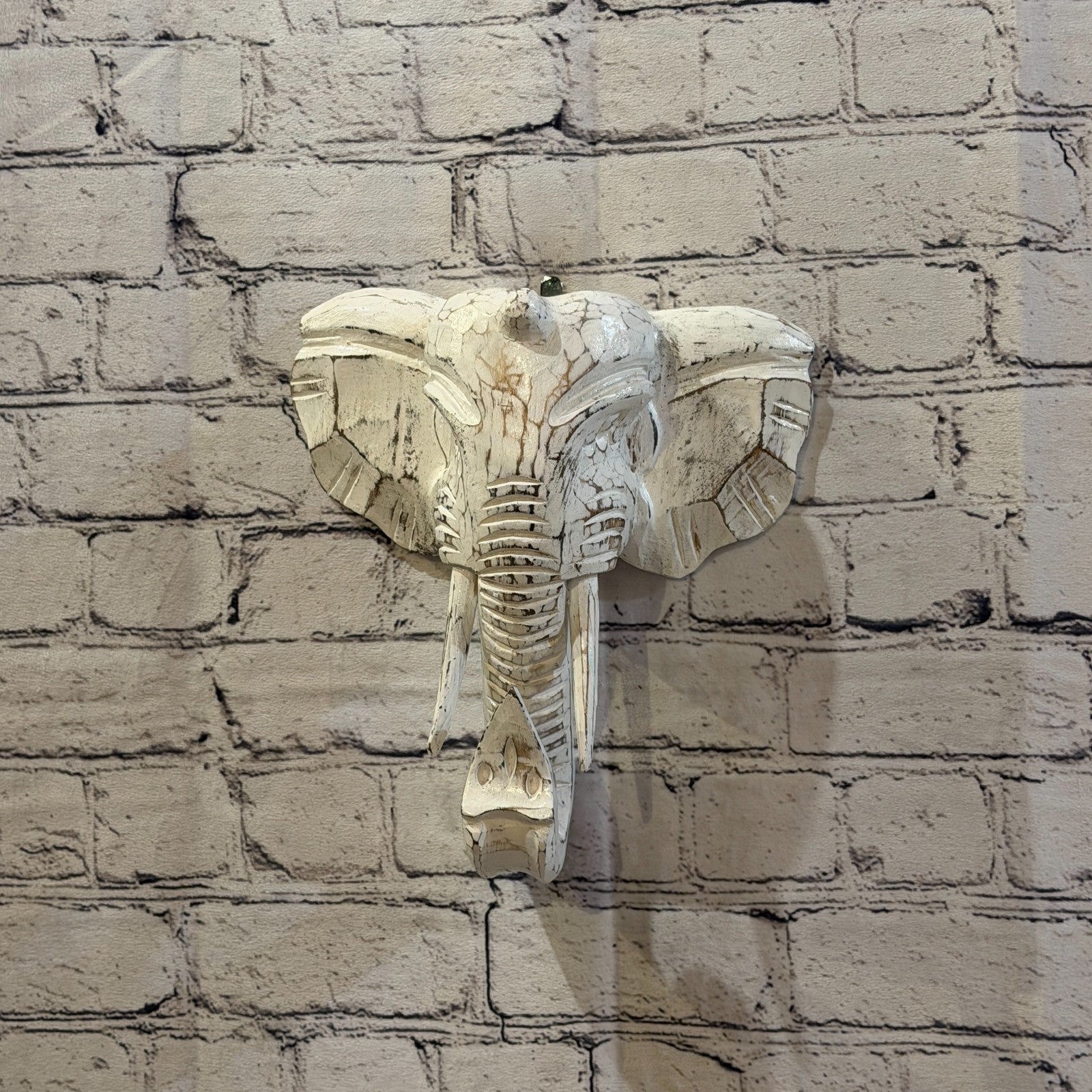 25cm x 25cm Plain White Painted Wood Elephant Head Wall Mounted Art Shabby2
