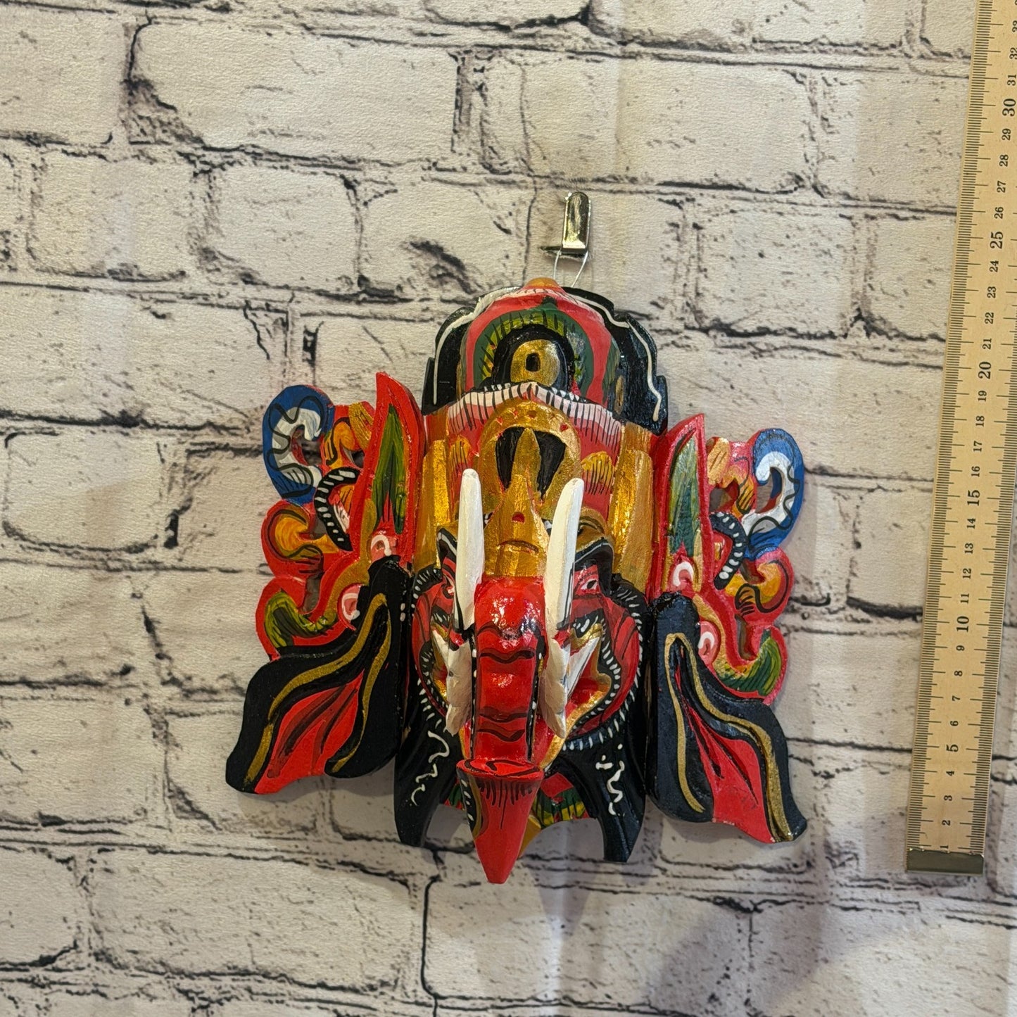 25cm Ganash Ganesha Red Elephant Hindu Deity Wooden Hand Carved Mask Painted9