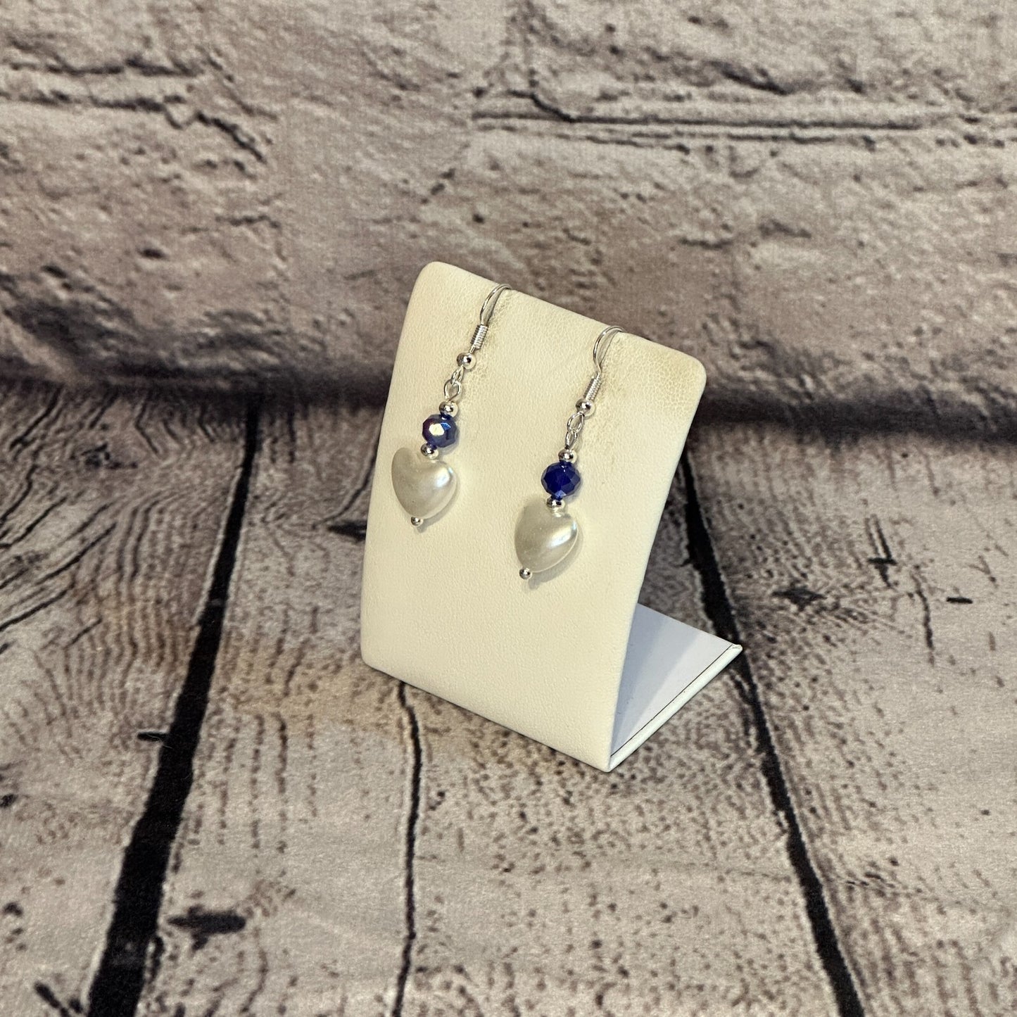 Indigo Crystal And White Heart Shaped Dangle Drop Earrings Handmade UK Jewellery1