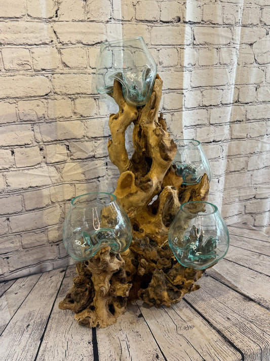 65cm Tall Quad Colour Melted Glass Wood Decorative Vase Glass Sculpture0