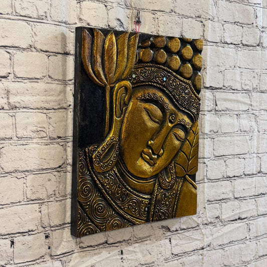 Wooden Wood Panel 40cm Gold Black Buddha Lotus Wall Art Plaque Handcarved0