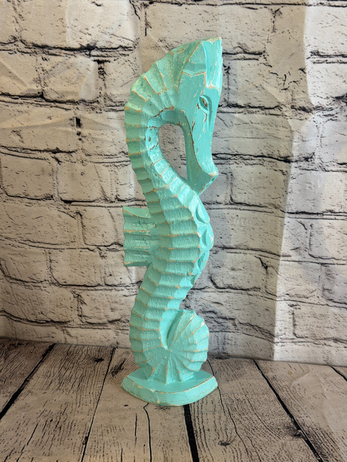 40cm Green Teal Wooden Shabby Seahorse Statue Ornament Fair Trade Handcarved3