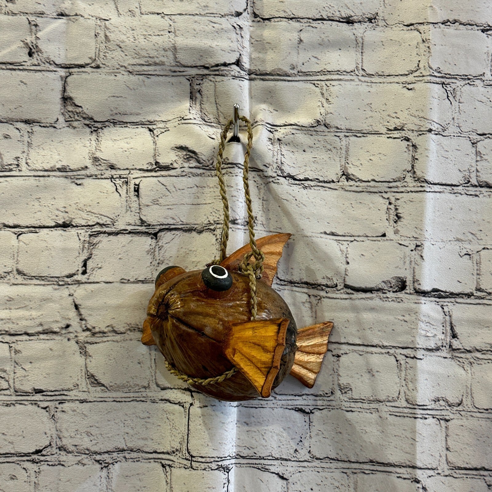 Plain Brown Folk Art Hand Painted Puffer Fish Coconut Shell Ornaments Hanging11