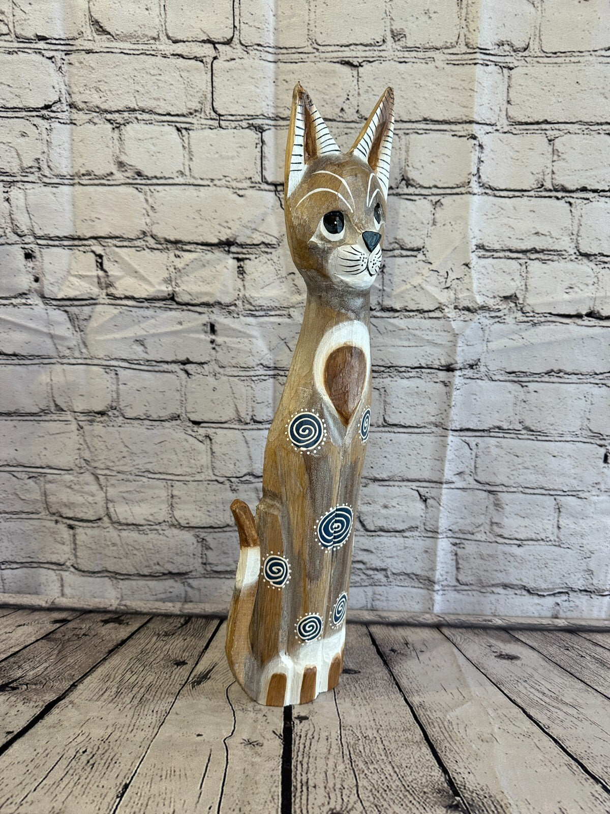 50cm Light Brown Flower Wooden Shabby Cat Statue Ornament Fair Trade Handcarved2