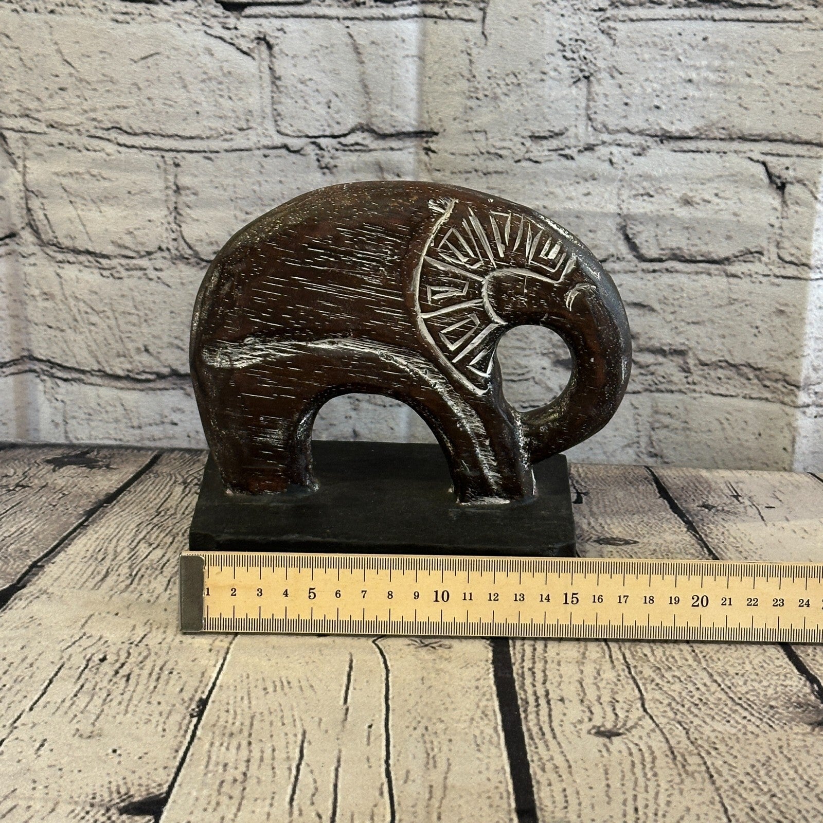15cm x 15cm Wooden Tribal Primitive Black Elephant Round Stand Sculpture Statue7
