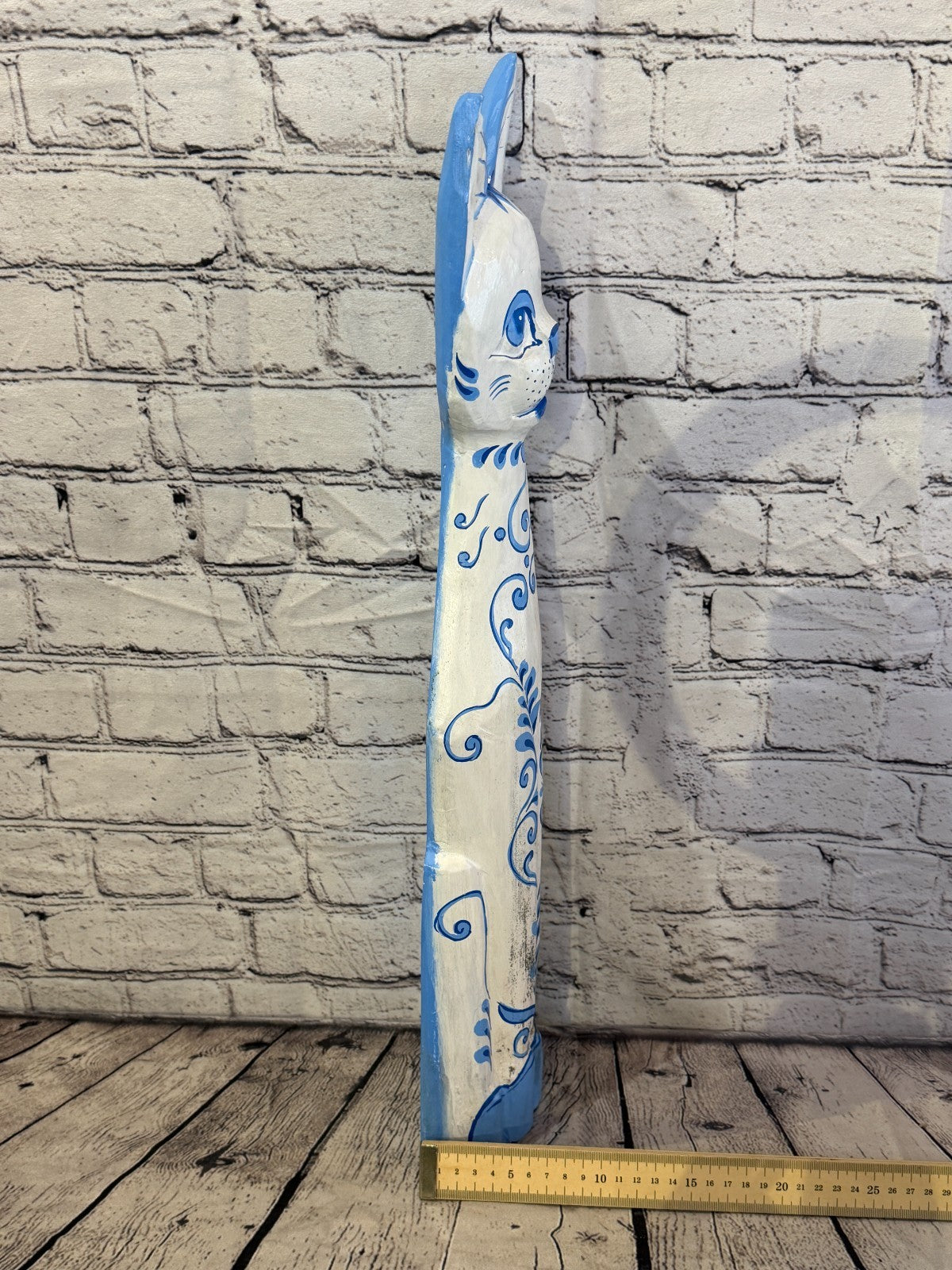 60cm Blue White Flower Wooden Shabby Cat Statue Ornament Fair Trade Handcarved7