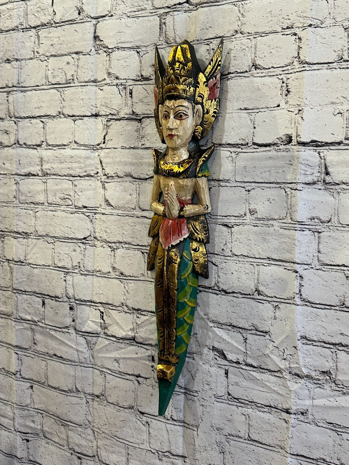 Plain Antique Colour Sita Dewi Bali Rice Goddess Wings Mermaid Wood 60cm Pair2