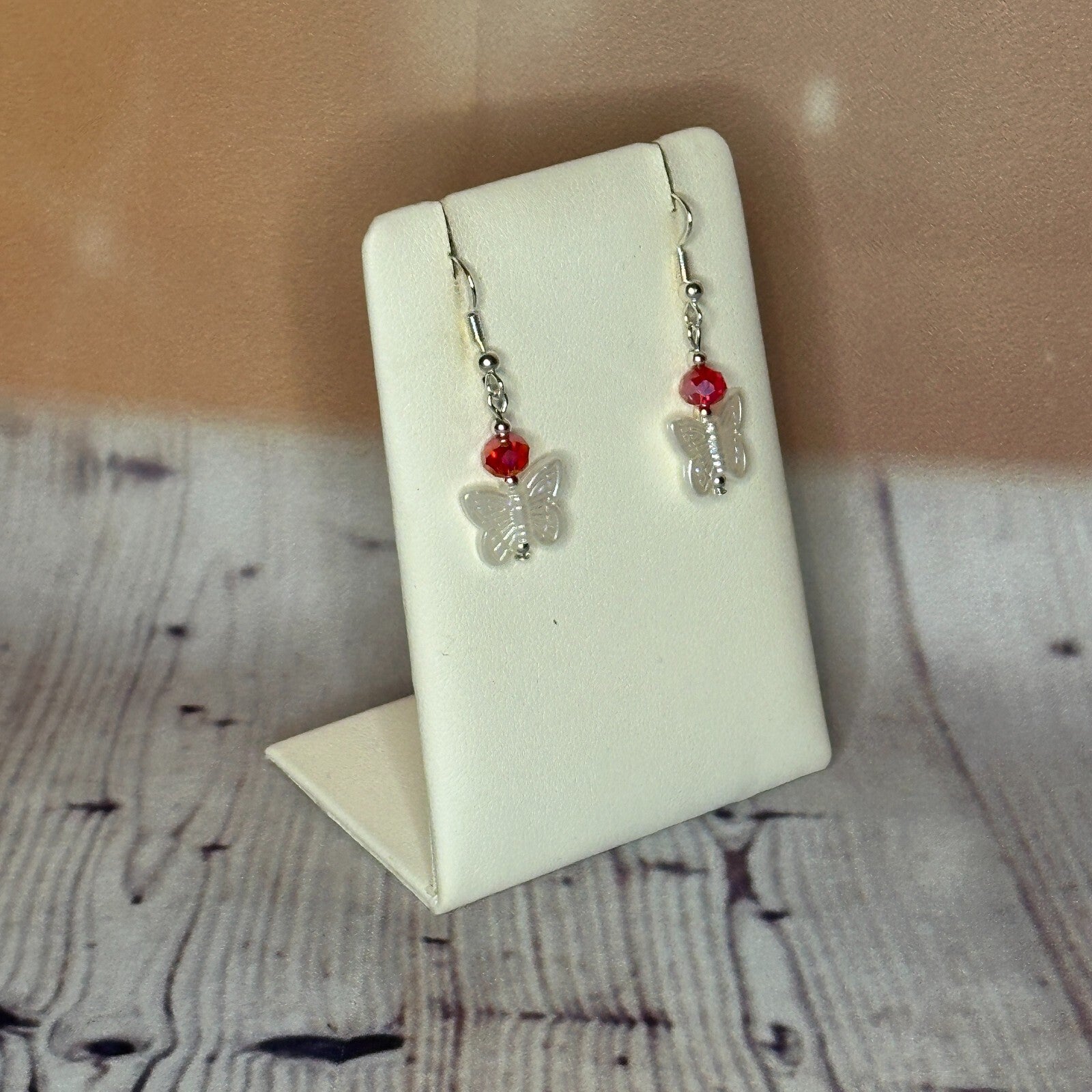 Red Crystal And White Butterfly Dangle Drop Earrings Handmade UK Jewellery2