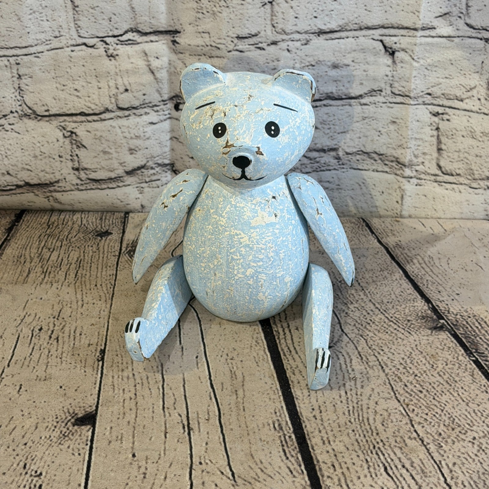 18cm Blue Teddy Bear Sitting Animal, Wooden Shelf Ornament Handmade & Fairtrade1