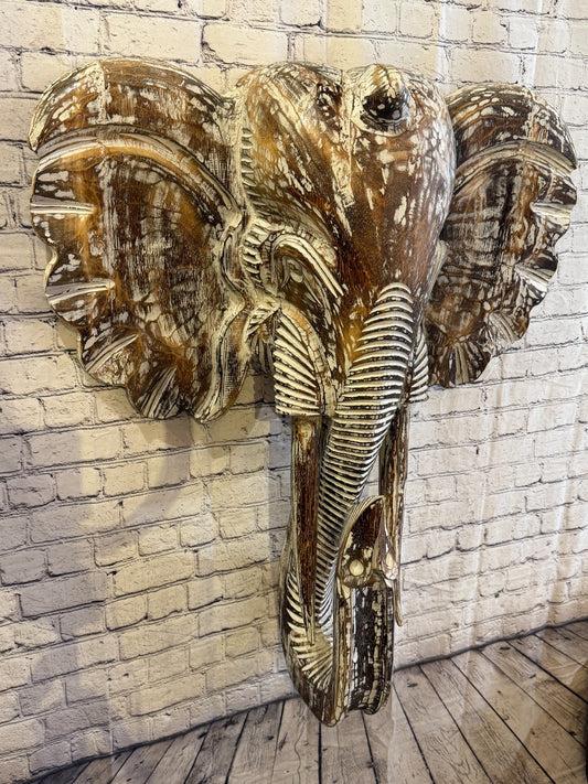 100cm x 80cm Brown Carved Wood Elephant Head Wall Mounted Art Large Shabby0