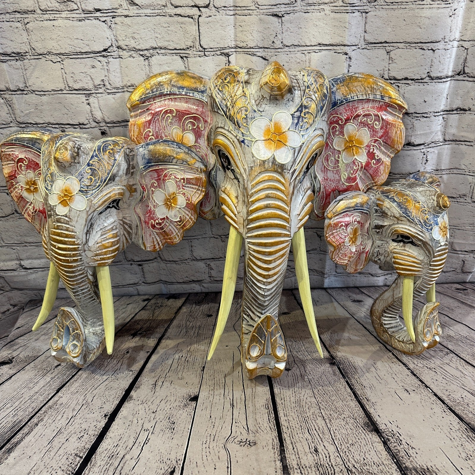 30cm x 30cm Pink Flower Painted Wood Elephant Head Wall Mounted Art Shabby6