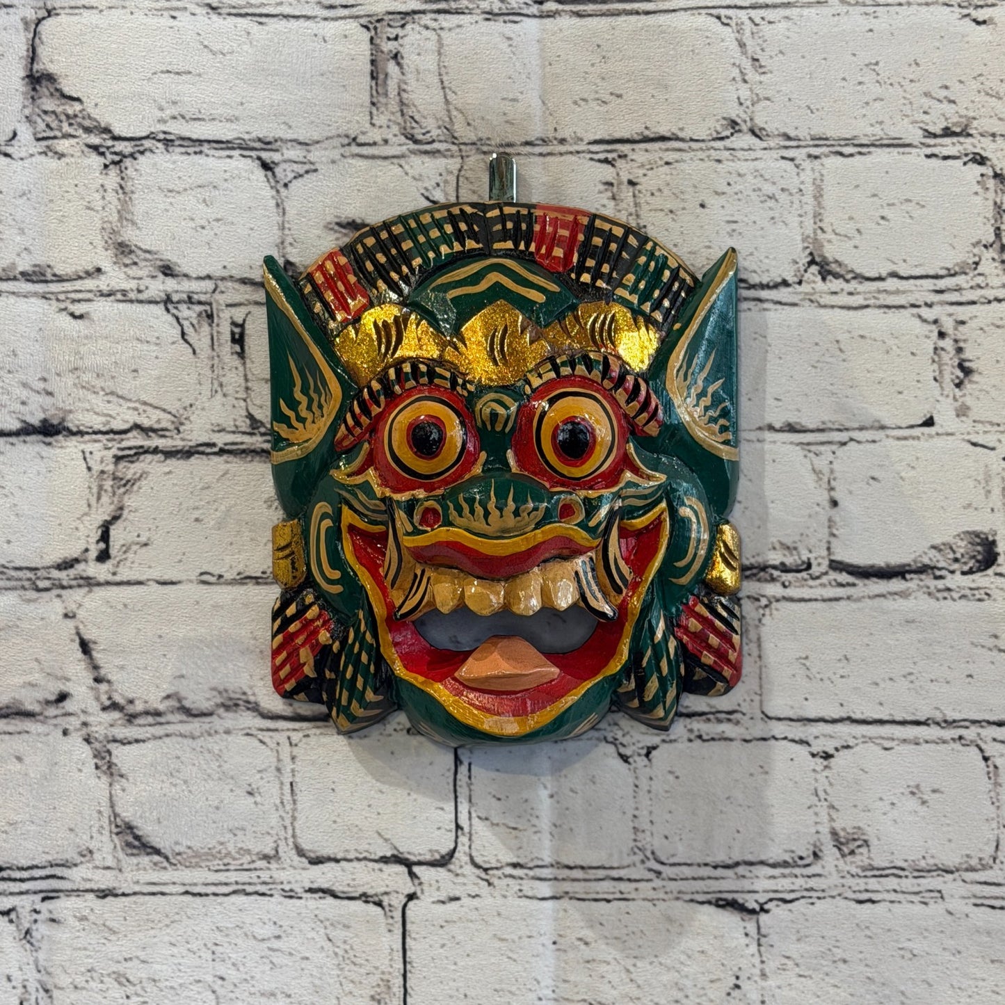 Large Wooden Green Barong Wall Mask 20cm x 20cm Handmade And Fairtrade Hindu2