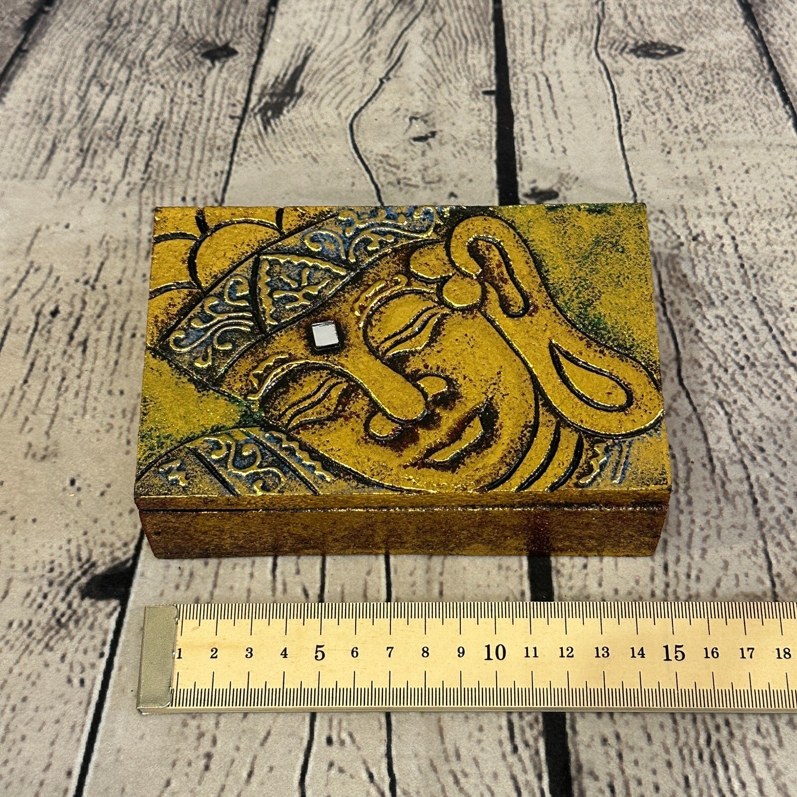 Bright Gold Thai Side Buddha Head 10cm x 15cm x 4cm Wooden Box Trinket Handmade5