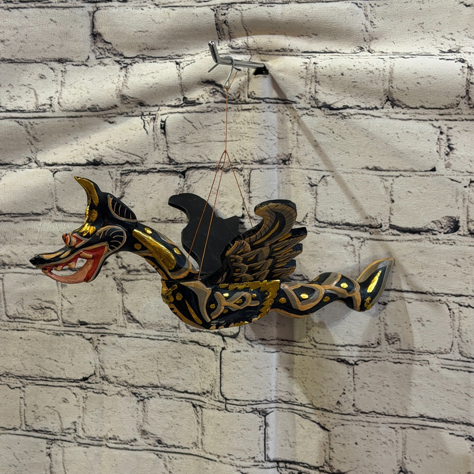 35cm Black Dragon Folk Art Carved Wood Flying Winged Mobile Spirit Guardian0