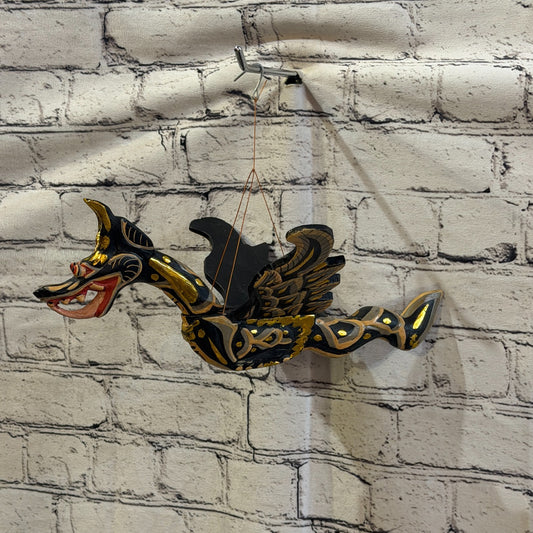 35cm Black Dragon Folk Art Carved Wood Flying Winged Mobile Spirit Guardian0