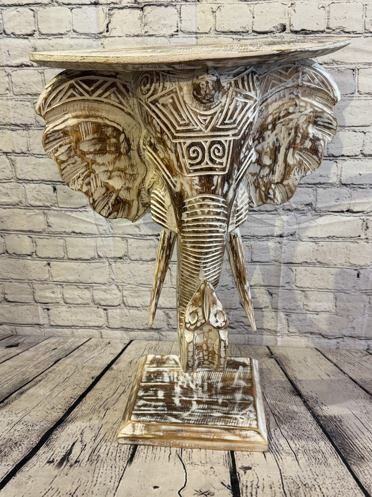 50cm x 45cm Brown Carved Wood Elephant Head Shelf Wall Mounted Art Large Shabby4